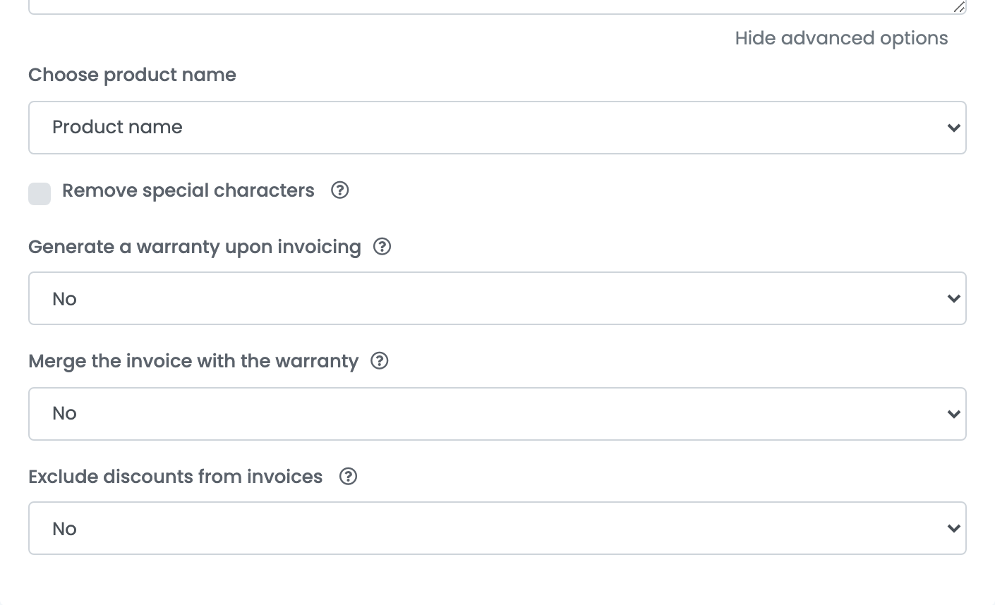 Die erweiterten Optionen einer Facturis-Online-Verbindung: Choose product name, Remove special characters, Generate a warranty upon invoicing und Exclude discounts from invoices.
