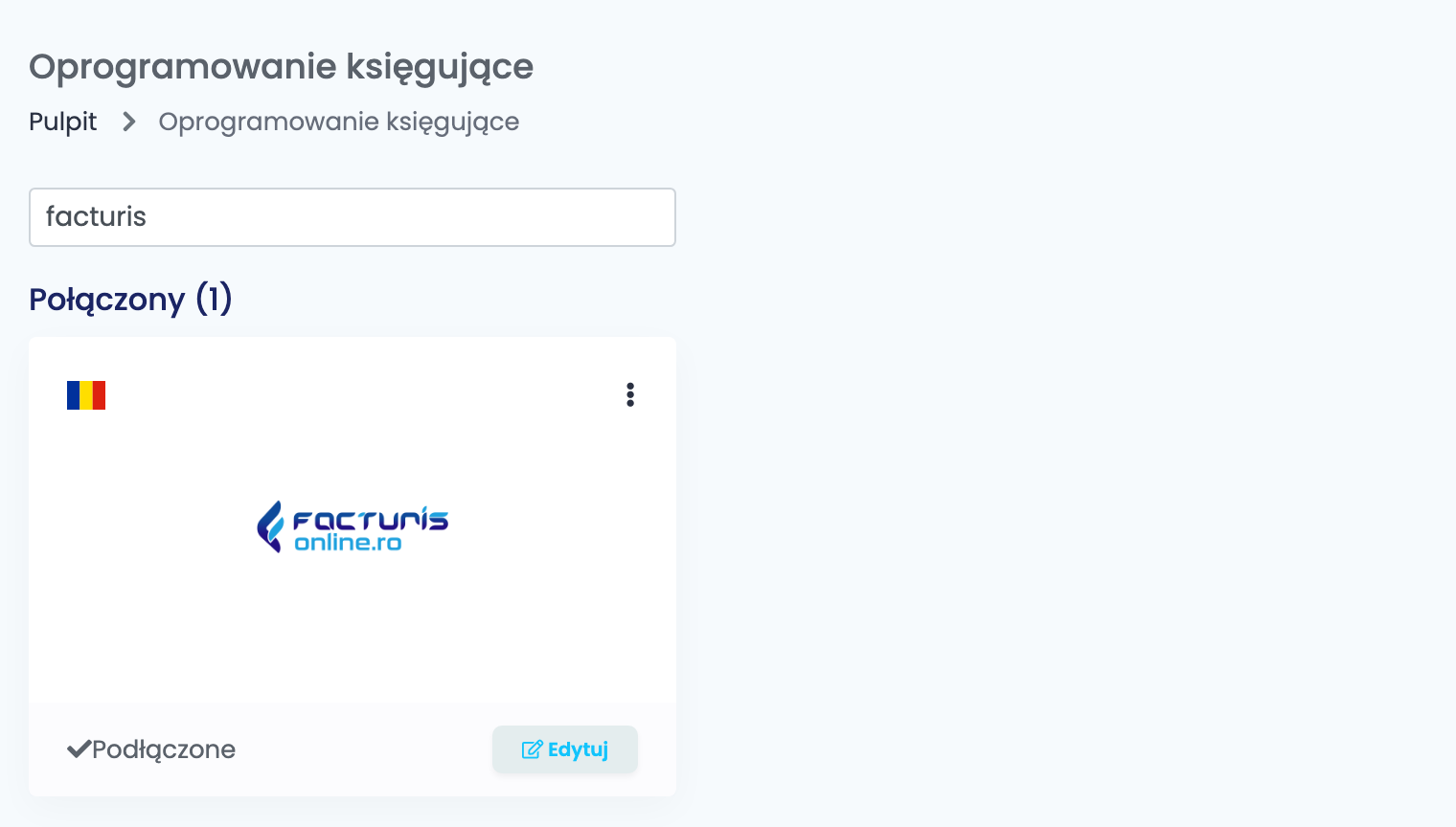 Strona Oprogramowanie księgujące w easySales, przefiltrowana po Facturis, z podłączoną kartą Facturis Online.