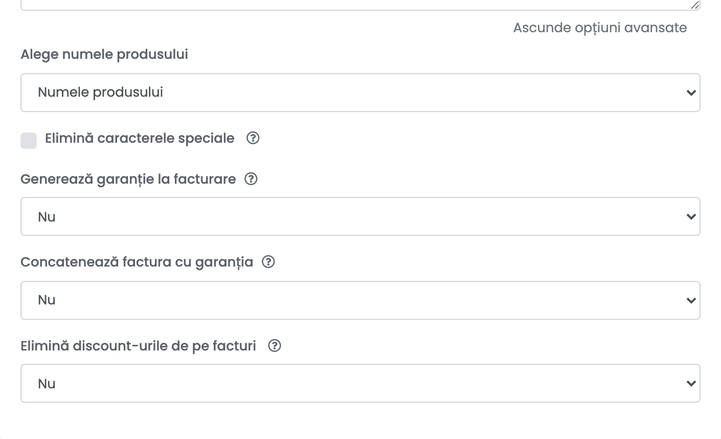 Opțiunile avansate ale unei conexiuni Facturis Online: Alege numele produsului, Elimină caracterele speciale, Generează garanție la facturare și Elimină discount-urile de pe facturi.