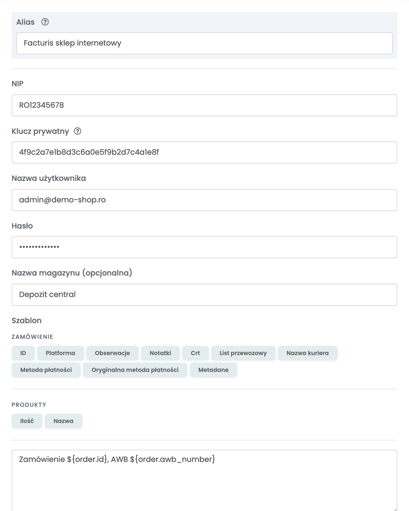 Połączenie Facturis Online o nazwie „Facturis sklep internetowy”: Alias, NIP, Klucz prywatny, Nazwa użytkownika, Hasło, Nazwa magazynu i szablon „Zamówienie ${order.id}, AWB ${order.awb_number}”.