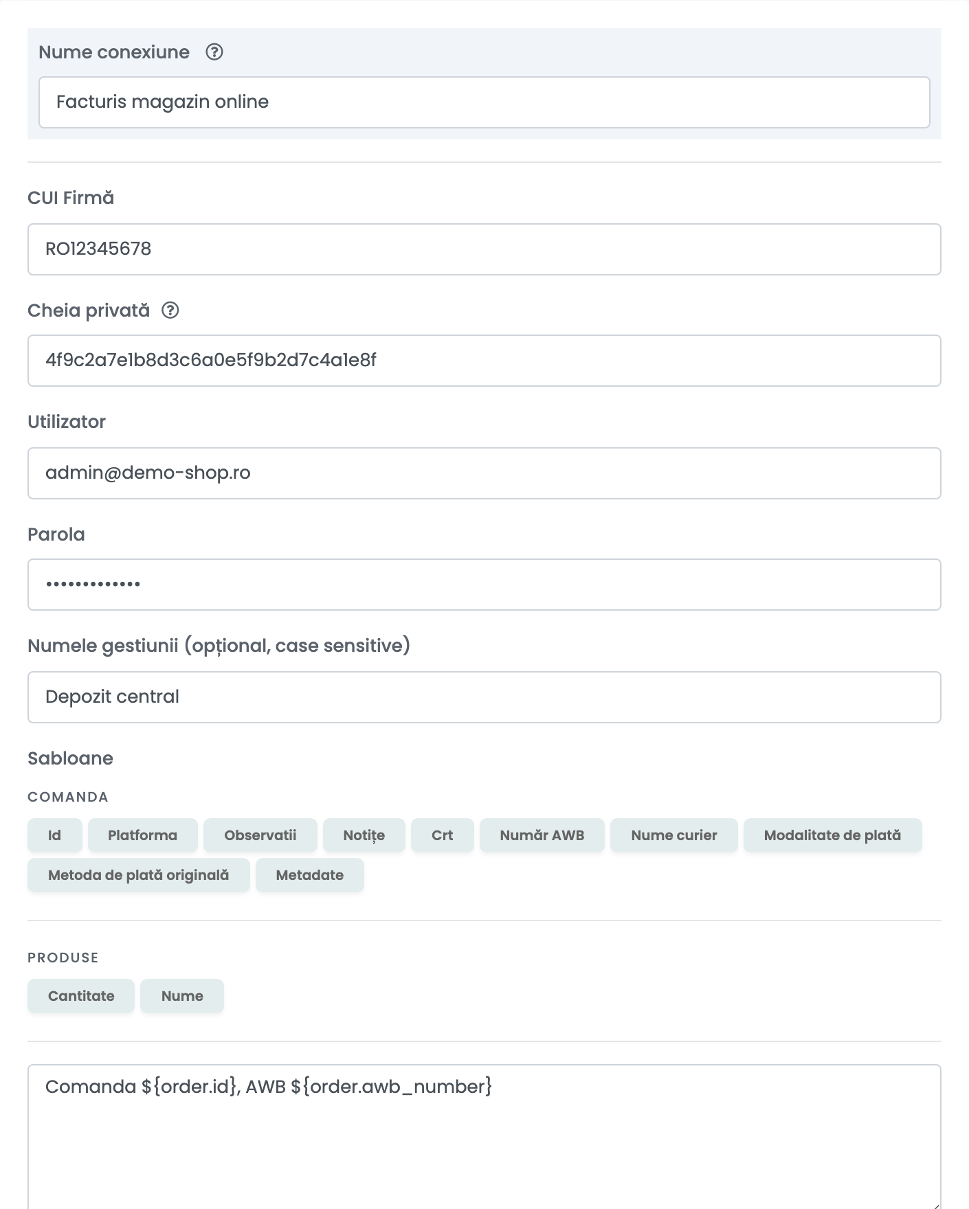 O conexiune Facturis Online numită „Facturis magazin online”: Nume conexiune, CUI Firmă, Cheia privată, Utilizator, Parola, Numele gestiunii și șablonul „Comanda ${order.id}, AWB ${order.awb_number}”.