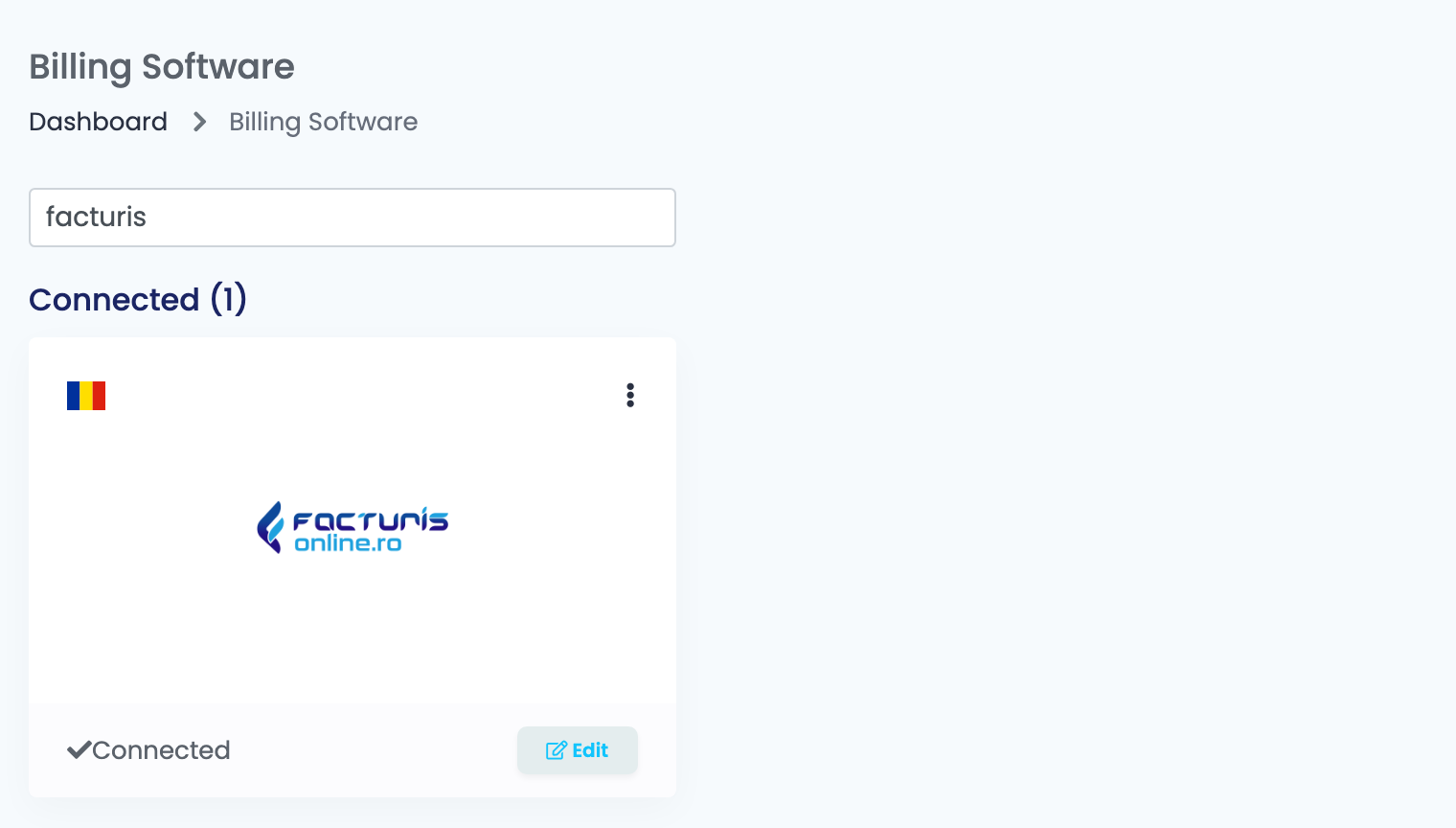 Die Seite Billing Software in easySales, gefiltert nach Facturis, mit der verbundenen Facturis-Online-Karte.