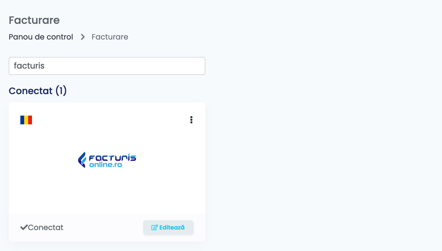 Pagina Facturare din easySales, filtrată după Facturis, cu cardul Facturis Online conectat.