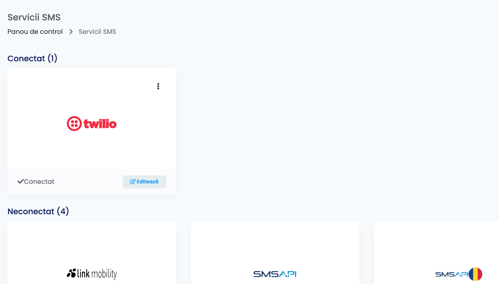 Pagina Servicii SMS din easySales, cu cardul Twilio conectat.