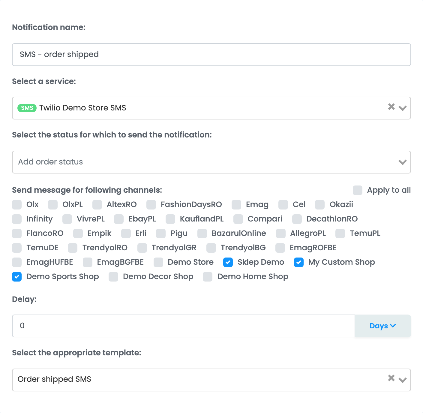 A notification rule for AWB Created sending through Twilio, with three shops ticked under Send message for following channels and an SMS template.