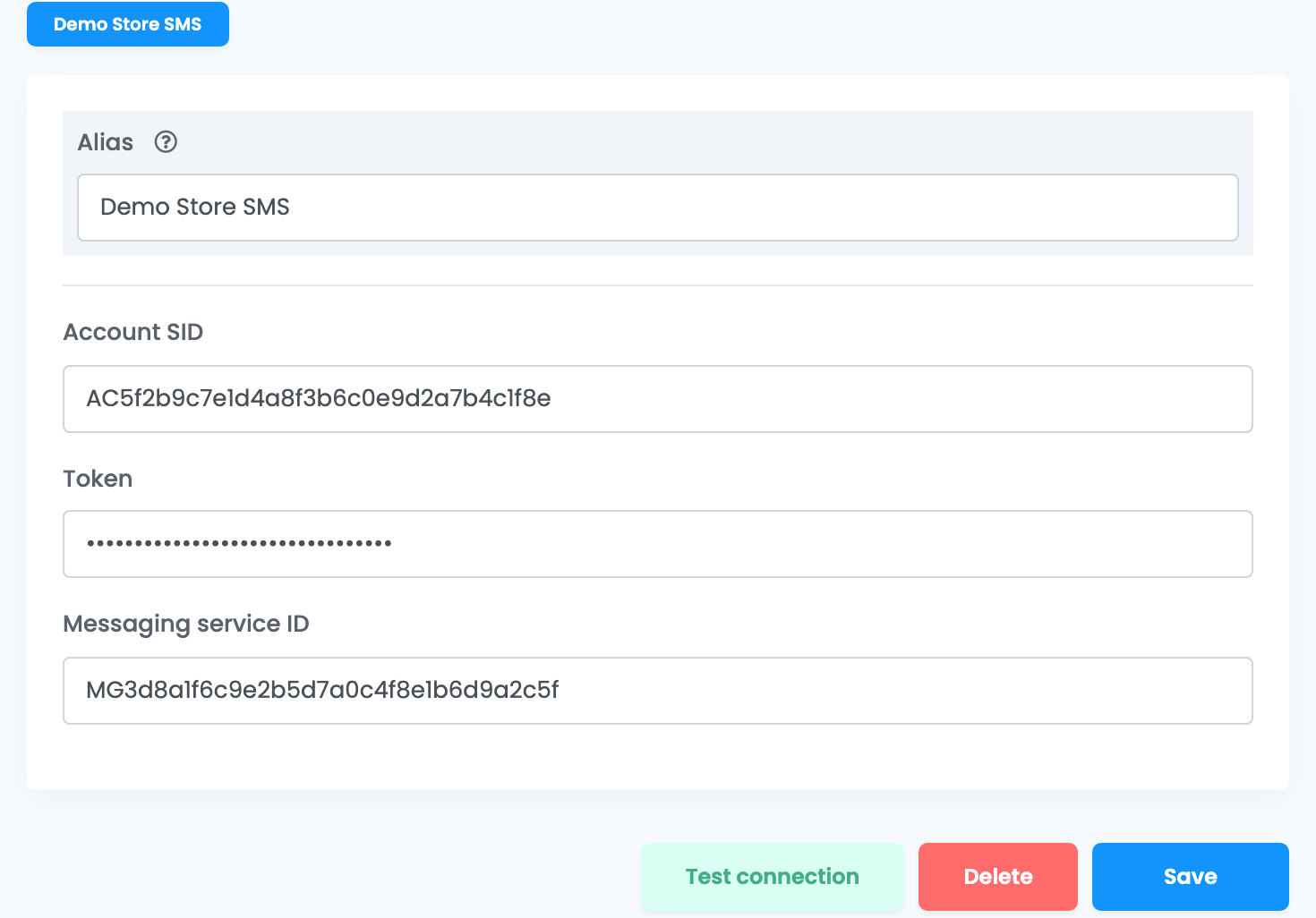 The Twilio form: Alias, Account SID, Token and Messaging service ID, with the Test connection, Delete and Save buttons.