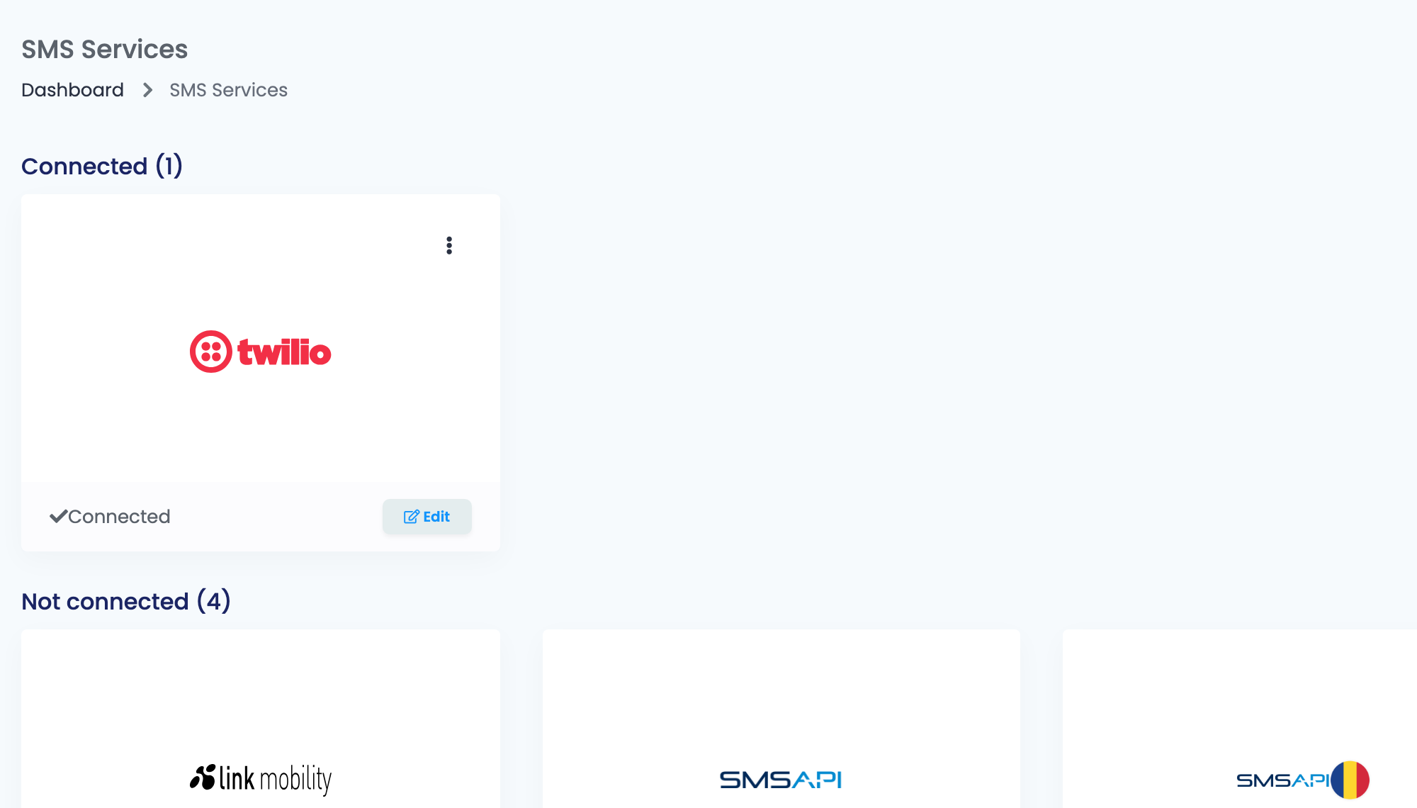The SMS Services page in easySales with the Twilio card connected.