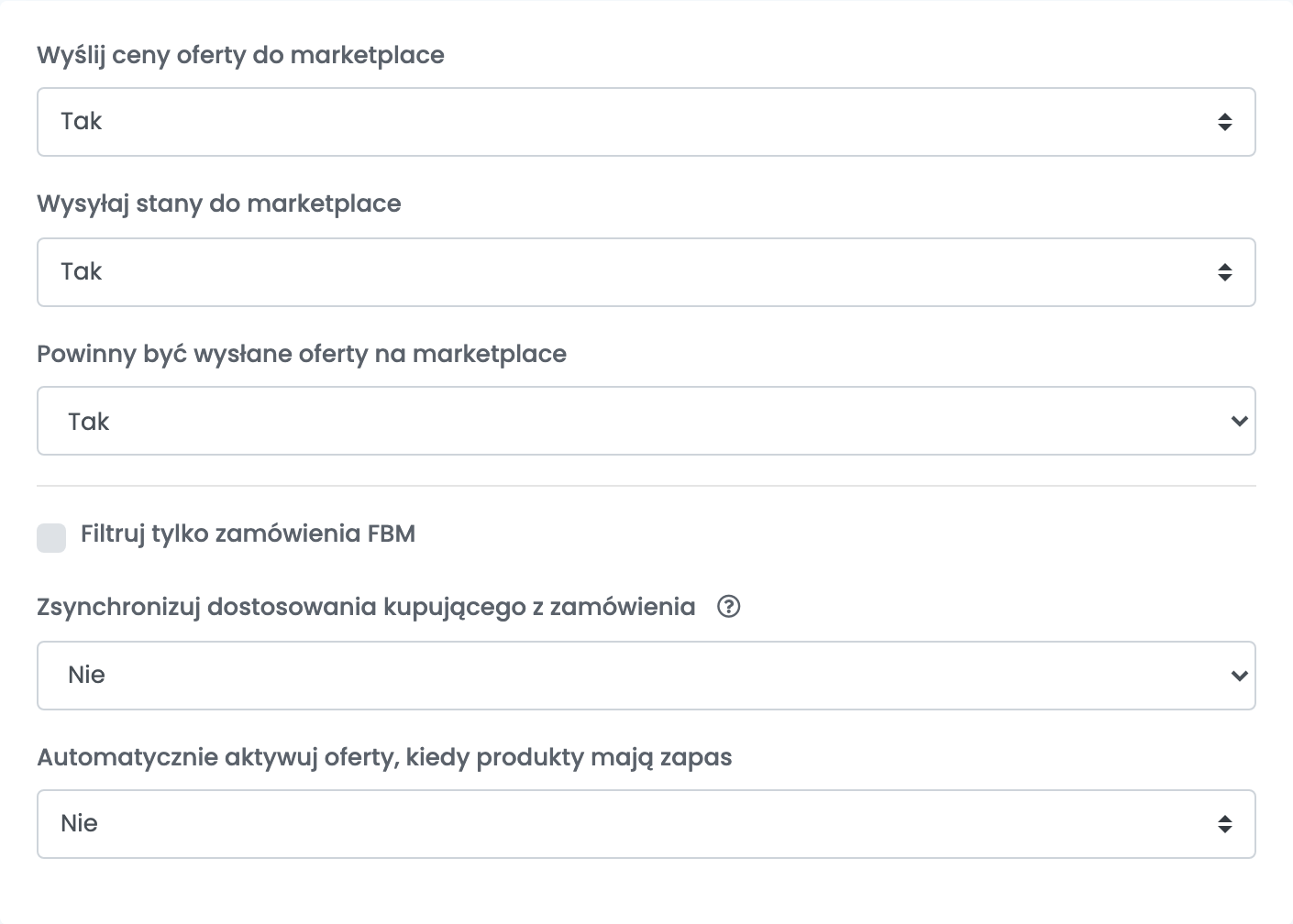 Zakładka Dodatkowe ustawienia połączenia Amazon: Wyślij ceny oferty do marketplace, Wysyłaj stany do marketplace, Powinny być wysłane oferty na marketplace, Filtruj tylko zamówienia FBM, Zsynchronizuj dostosowania kupującego z zamówienia i Automatycznie aktywuj oferty, kiedy produkty mają zapas.