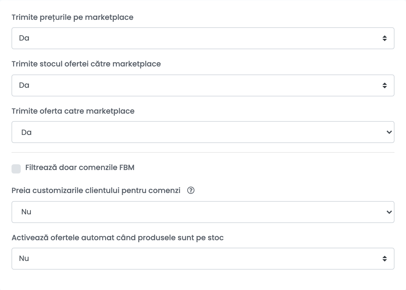 Tab-ul Setări adiționale al unei conexiuni Amazon: Trimite prețurile pe marketplace, Trimite stocul ofertei către marketplace, Trimite oferta catre marketplace, Filtrează doar comenzile FBM, Preia customizarile clientului pentru comenzi și Activează ofertele automat când produsele sunt pe stoc.