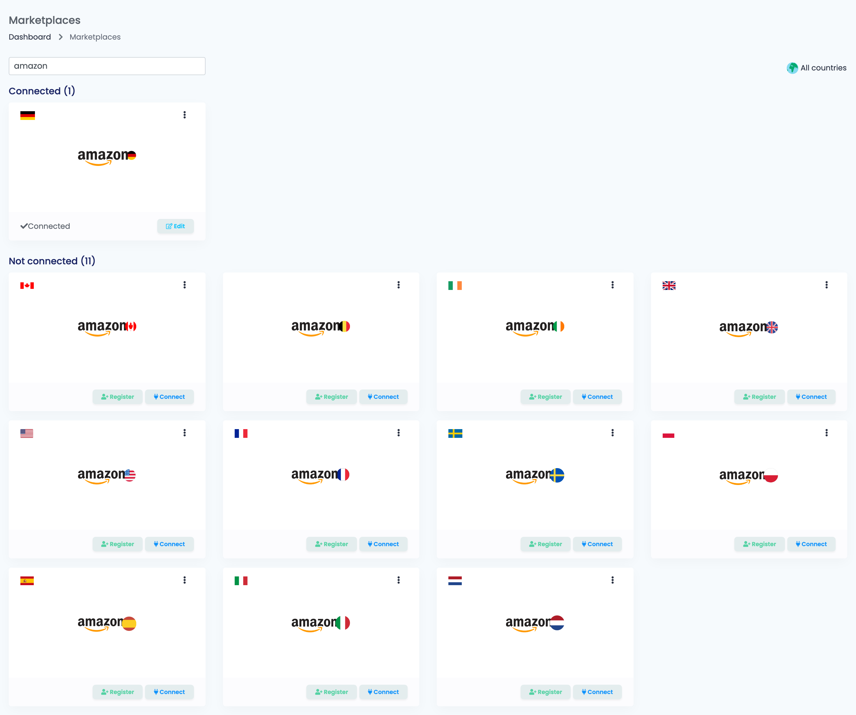 Az easySales Marketplaces oldala amazon keresésre, minden Amazon-áruház saját kártyájával.