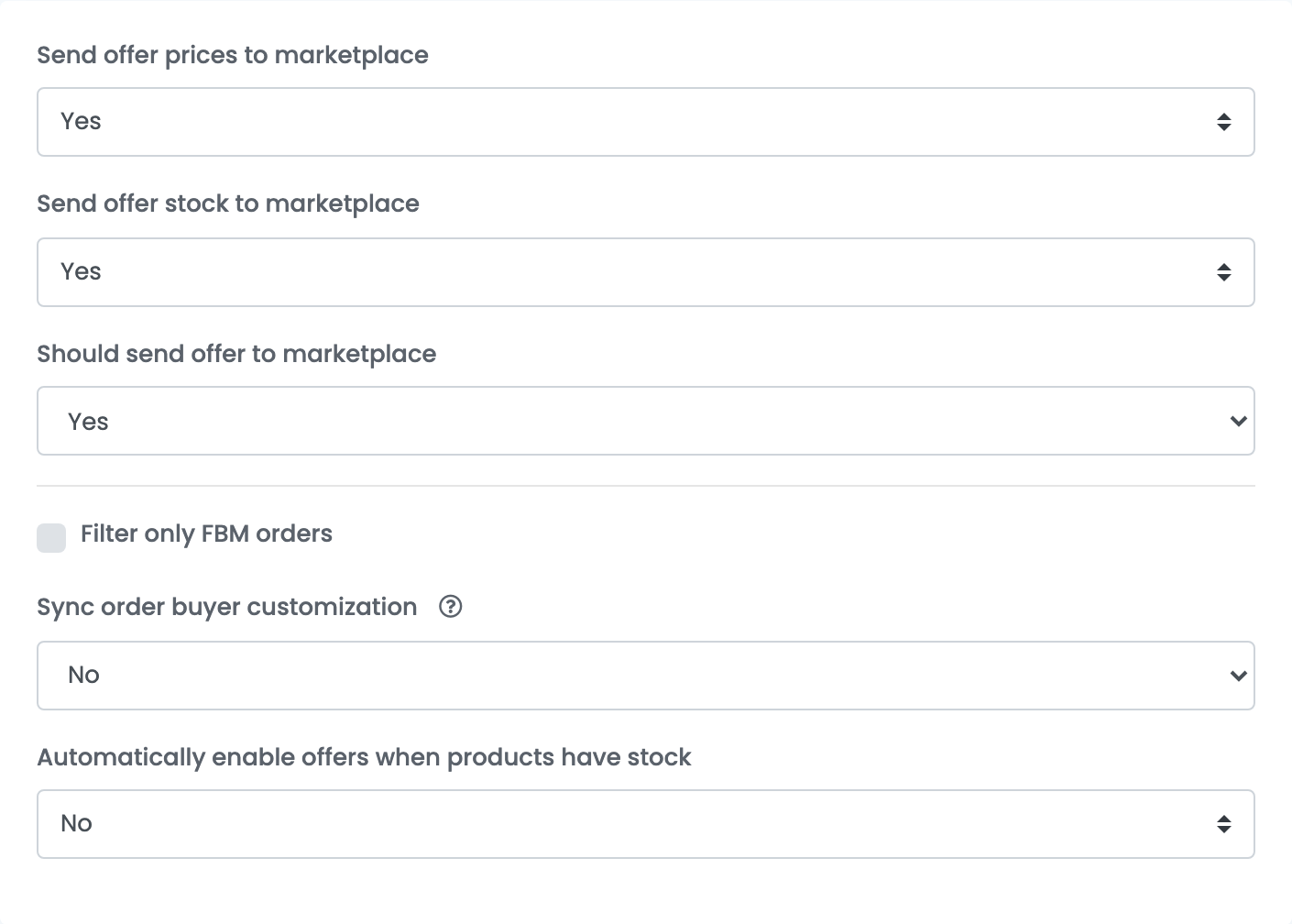 Egy Amazon-kapcsolat Additional settings füle: Send offer prices to marketplace, Send offer stock to marketplace, Should send offer to marketplace, Filter only FBM orders, Sync order buyer customization és Automatically enable offers when products have stock.