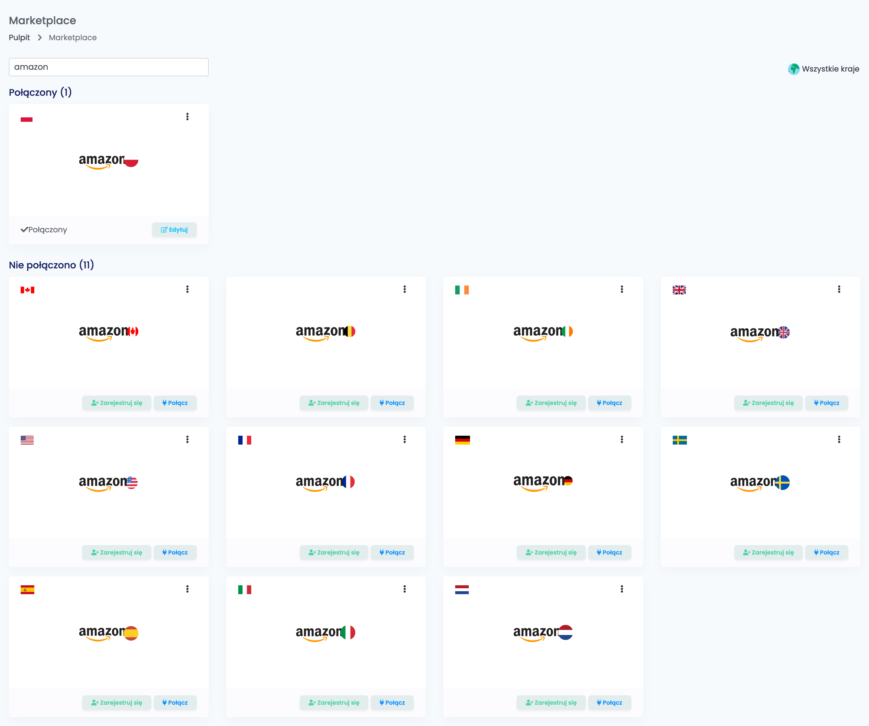 Strona Marketplace w easySales z wyszukiwaniem amazon i kartą dla każdego marketplace'u Amazon.