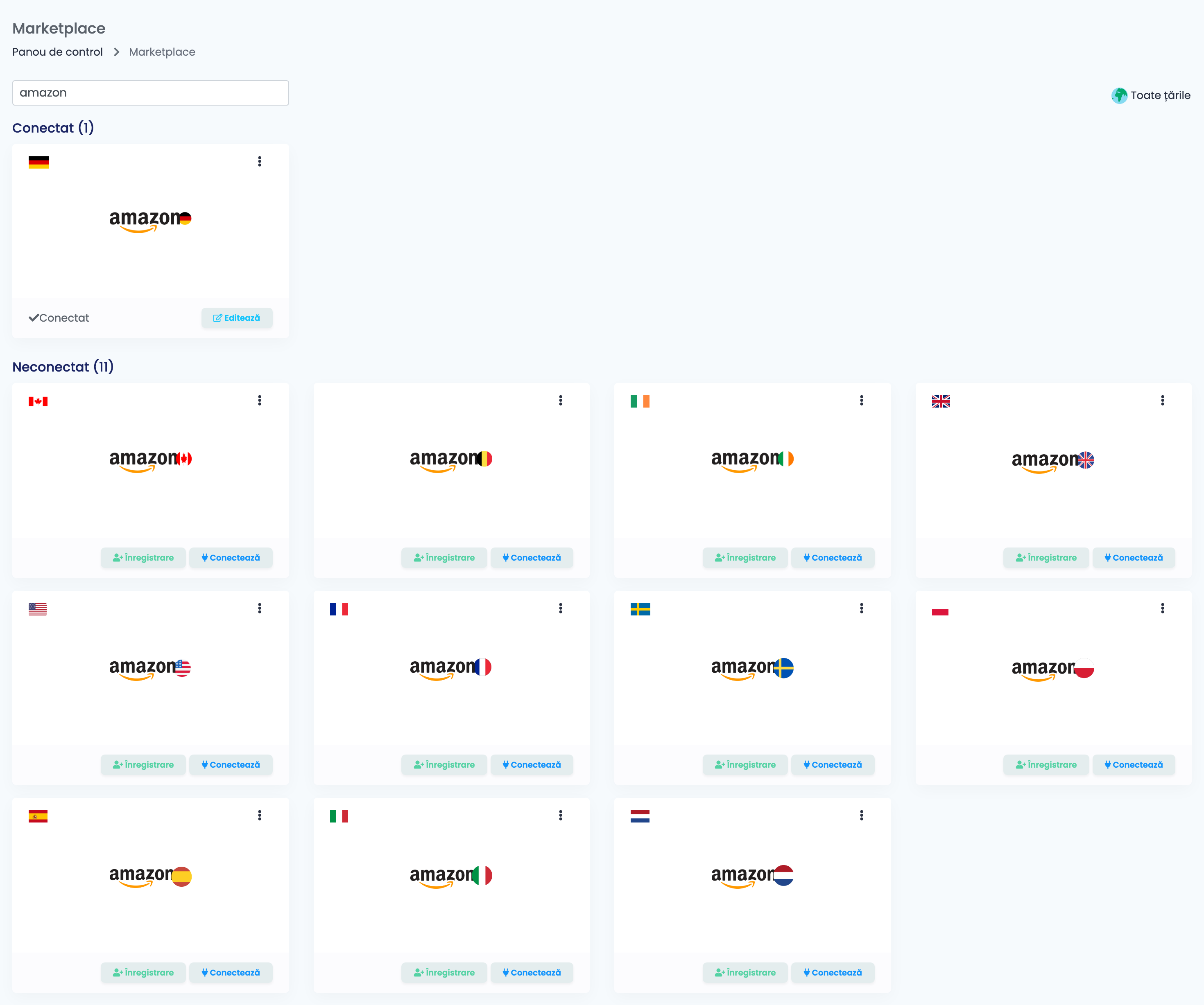 Pagina Marketplace din easySales, cu căutarea amazon și câte un card pentru fiecare magazin Amazon.