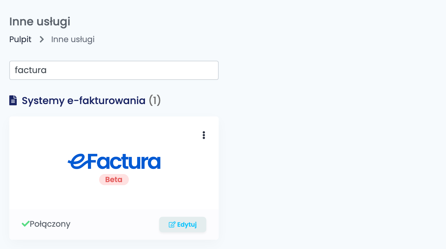 Strona Inne usługi w easySales z kartą e-Factura w sekcji Systemy e-fakturowania.