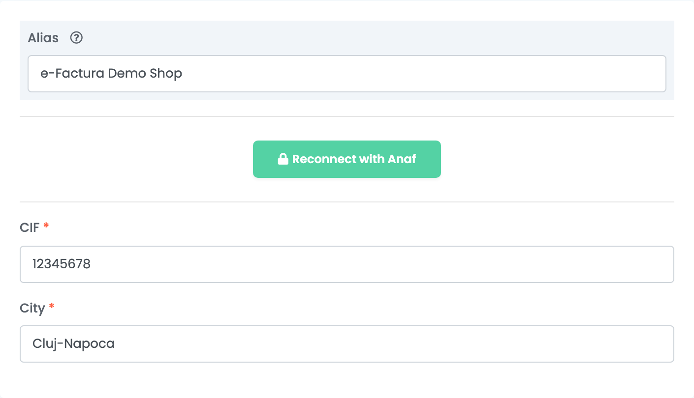 An authorized e-Factura connection: Alias, the Reconnect with Anaf button, CIF and City.