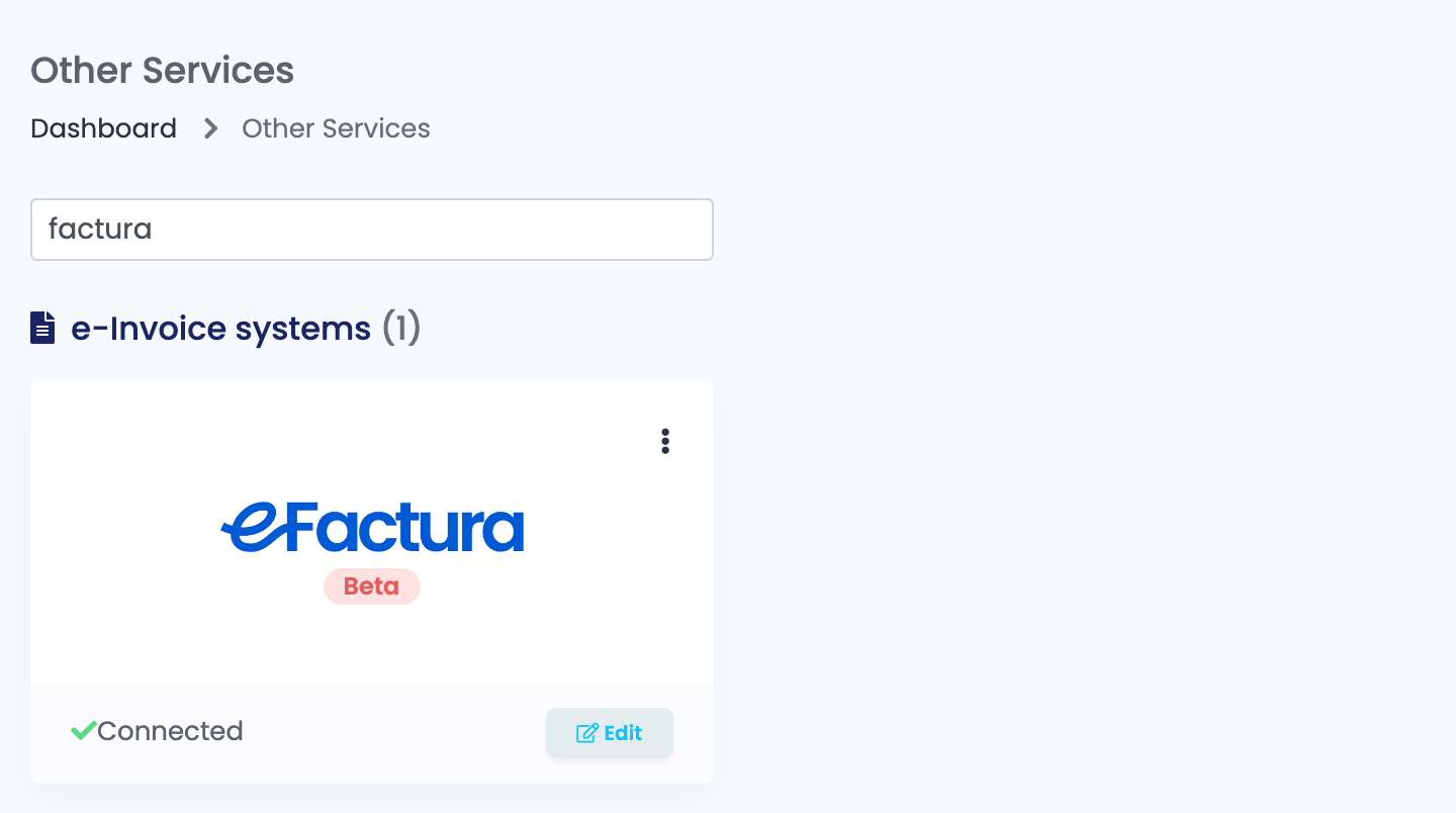 The Other Services page in easySales, with the e-Factura card under e-Invoice systems.