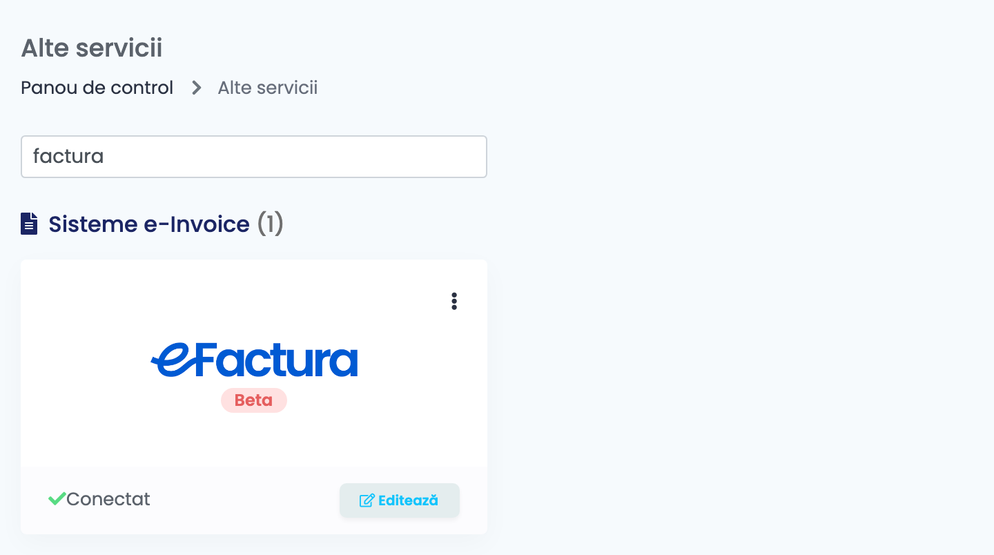 Pagina Alte servicii din easySales, cu cardul e-Factura la Sisteme e-Invoice.