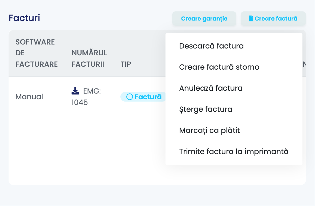 O factură încărcată pe o comandă: software de facturare Manual, factura EMG: 1045, cu meniul deschis pe Descarcă factura, Creare factură storno, Anulează factura, Șterge factura, Marcați ca plătit și Trimite factura la imprimantă.