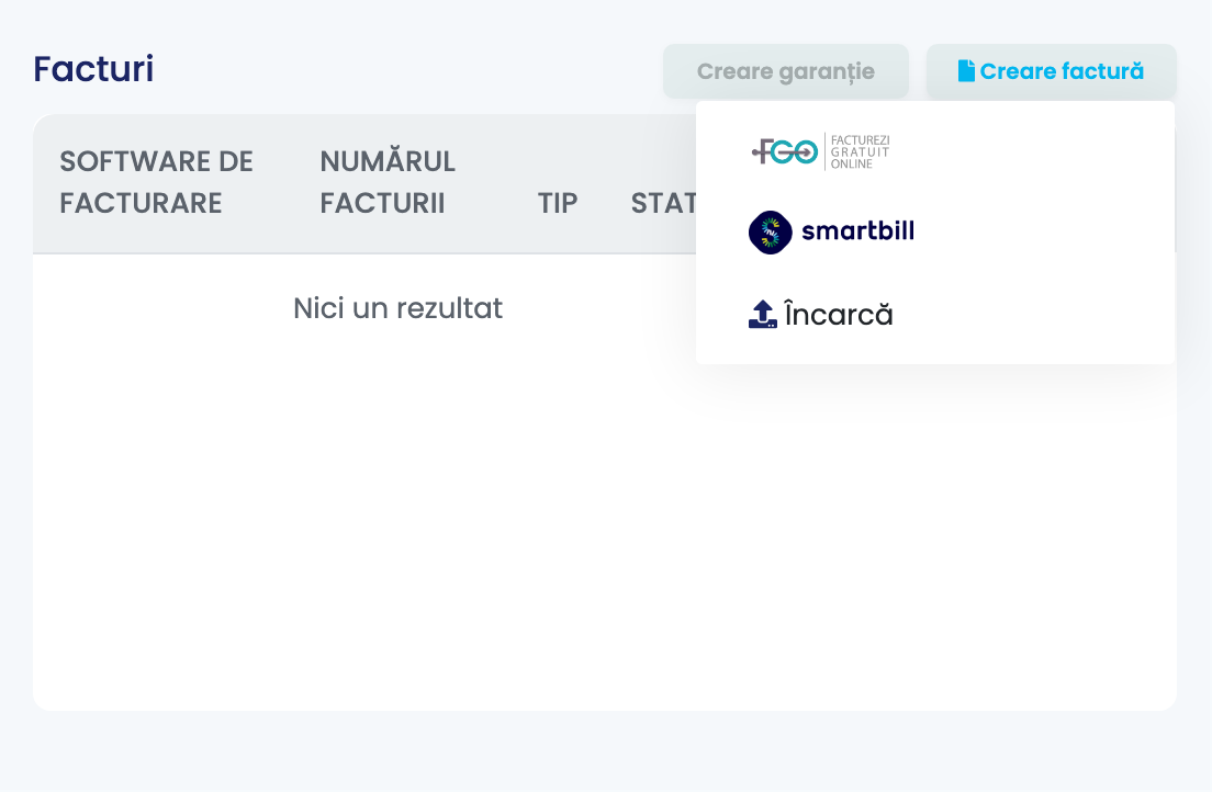 Secțiunea Facturi a unei comenzi eMAG România cu lista Creare factură deschisă: FGO, SmartBill și, la final, Încarcă.