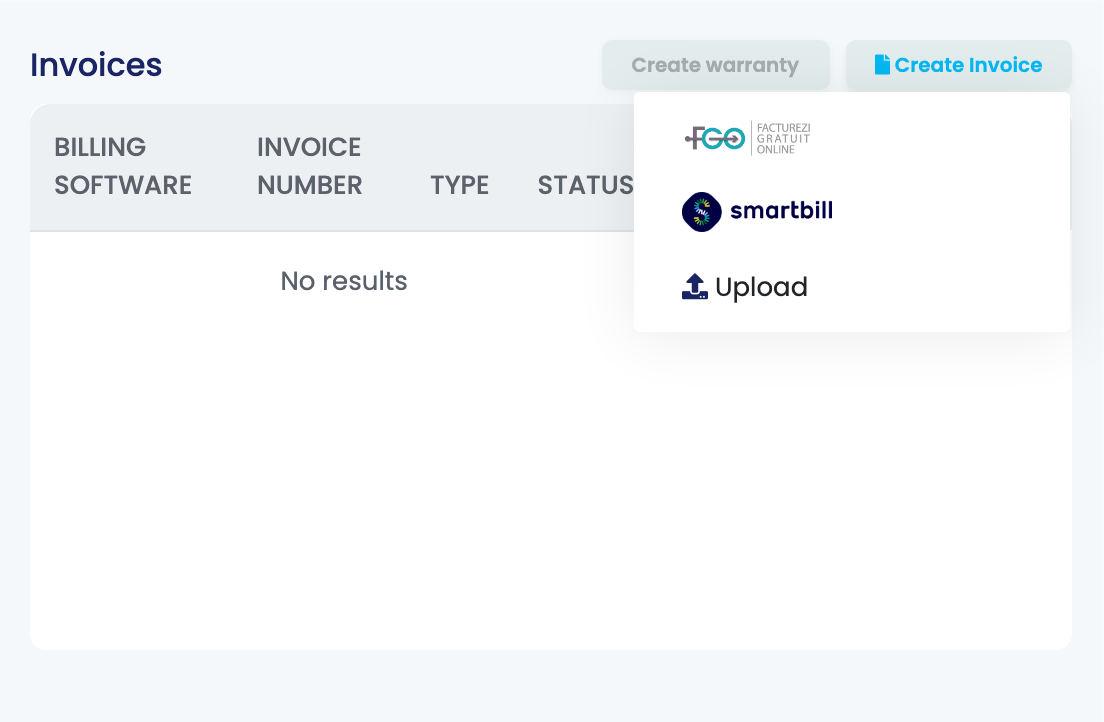 Der Bereich Invoices einer Bestellung mit geöffneter Liste Create Invoice: zwei Rechnungsprogramme und ganz unten Upload.