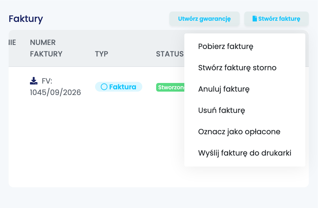 Wgrana faktura na zamówieniu: oprogramowanie księgujące Manual, faktura FV: 1045/09/2026, z otwartym menu: Pobierz fakturę, Stwórz fakturę storno, Anuluj fakturę, Usuń fakturę, Oznacz jako opłacone i Wyślij fakturę do drukarki.