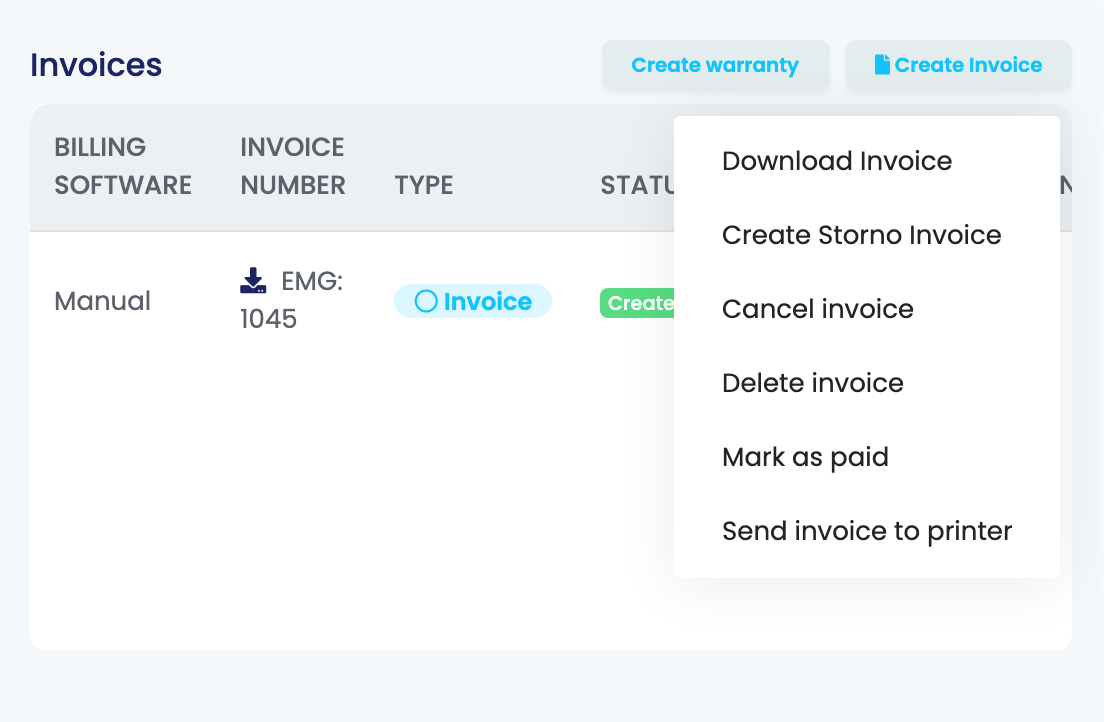 Eine hochgeladene Rechnung an einer Bestellung: Rechnungssoftware Manual, Rechnung EMG: 1045, mit geöffnetem Menü: Download Invoice, Create Storno Invoice, Cancel invoice, Delete invoice, Mark as paid und Send invoice to printer.