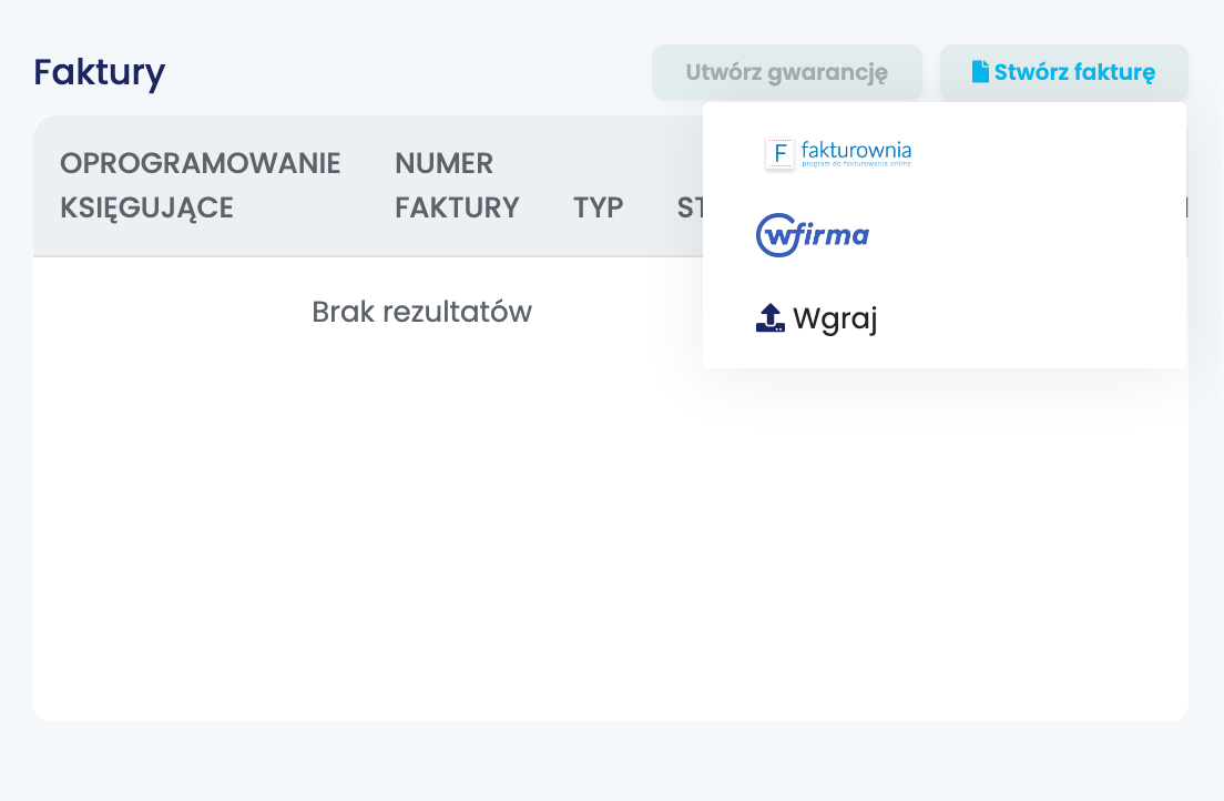 Sekcja Faktury zamówienia z Allegro z otwartą listą Stwórz fakturę: Fakturownia, wFirma i na dole Wgraj.