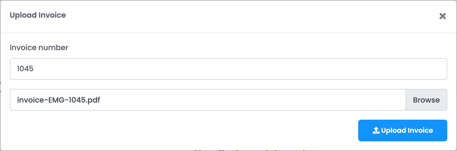Das Fenster Upload Invoice mit der Rechnungsnummer 1045 und der ausgewählten Datei invoice-EMG-1045.pdf.