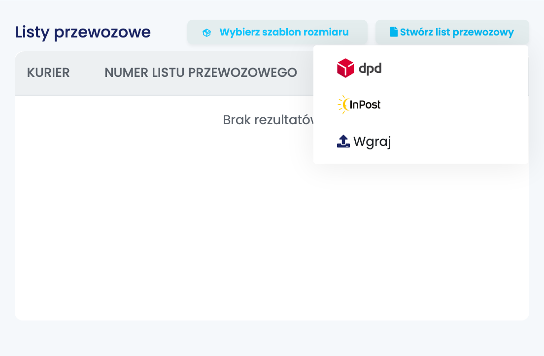 Sekcja Listy przewozowe zamówienia z Allegro z otwartą listą Stwórz list przewozowy: kurierzy DPD i InPost oraz Wgraj na dole.