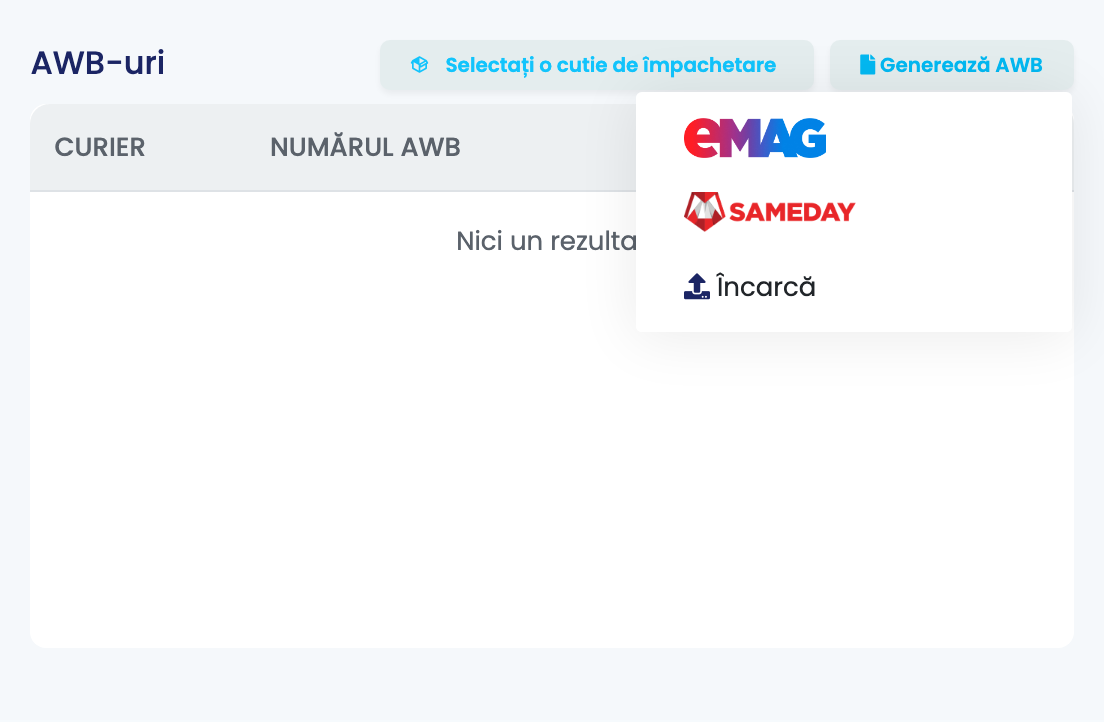 Secțiunea AWB-uri a unei comenzi eMAG România, cu lista Generează AWB deschisă: curierii eMAG și Sameday și Încarcă la final.
