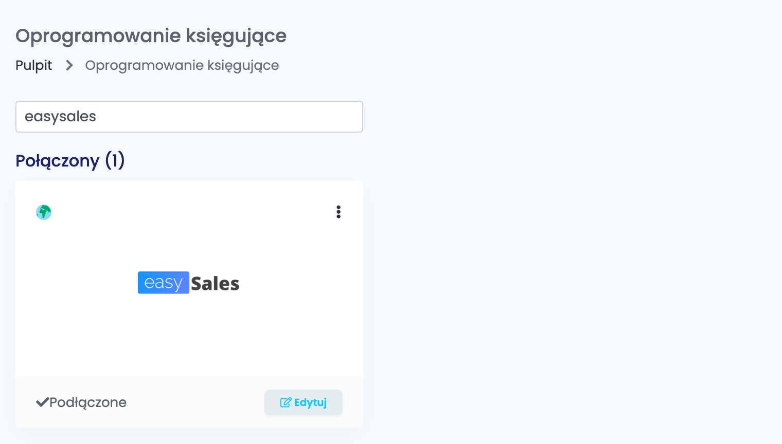 Strona Oprogramowanie księgujące w easySales, przefiltrowana do easysales, z podłączoną kartą easySales.