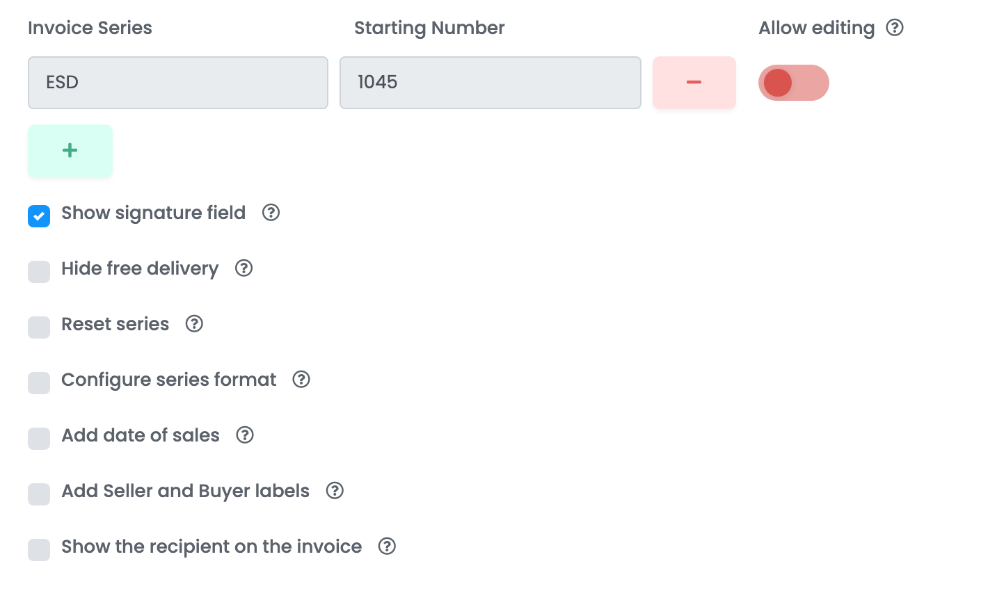 Invoice Series ESD mit Starting Number 1045 und dem Schalter Allow editing, darunter die Rechnungsoptionen mit aktiviertem Show signature field.