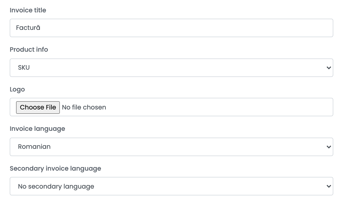 Invoice title, Product info SKU, Logo, Invoice language Romanian und Secondary invoice language mit No secondary language.