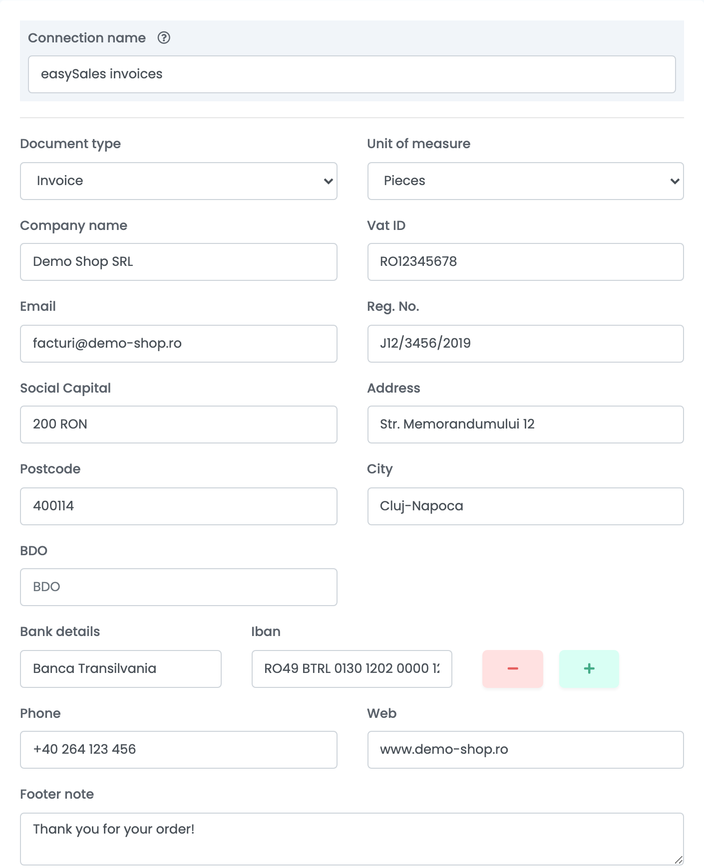 Der obere Teil der easySales-Rechnungsverbindung: Connection name, Document type Invoice, Unit of measure, Company name Demo Shop SRL, Vat ID, Email, Reg. No., Social Capital, Address, Postcode, City, BDO, Bank details und Phone.