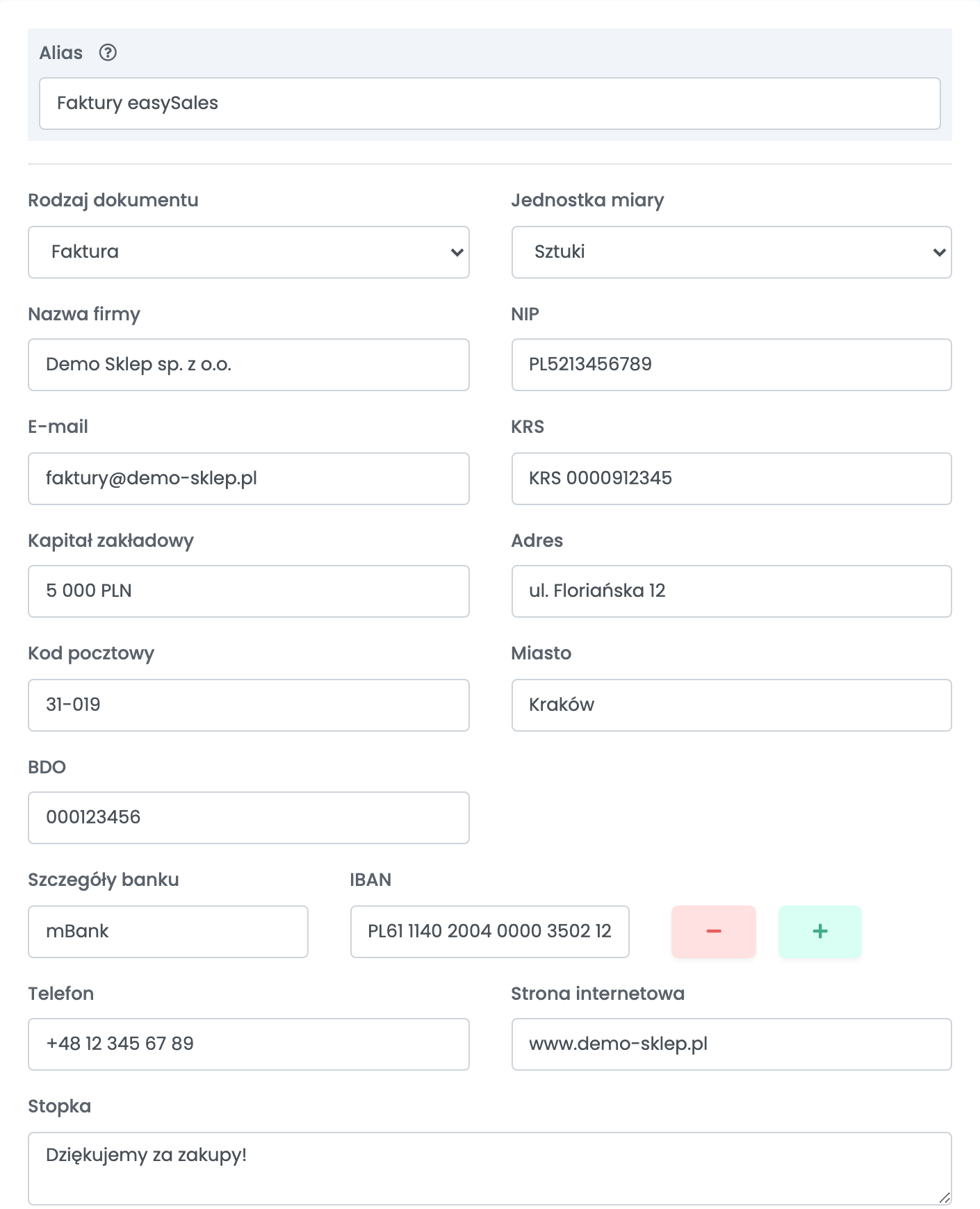 Górna część połączenia fakturowego easySales: Alias Faktury easySales, Rodzaj dokumentu Faktura, Jednostka miary, Nazwa firmy Demo Sklep sp. z o.o., NIP PL5213456789, E-mail, KRS 0000912345, Kapitał zakładowy, adres ul. Floriańska 12, 31-019 Kraków, BDO 000123456, Szczegóły banku z mBank i Telefon.