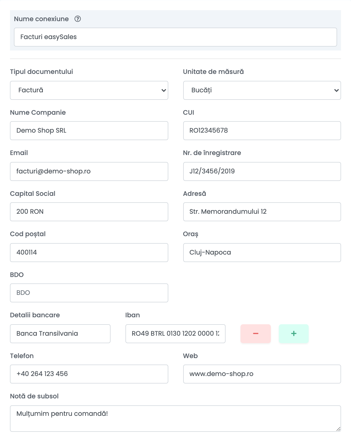 Partea de sus a conexiunii de facturare easySales: Nume conexiune Facturi easySales, Tipul documentului Factură, Unitate de măsură, Nume Companie Demo Shop SRL, CUI, Email, Nr. de înregistrare, Capital Social, Adresă, Cod poștal, Oraș, BDO, Detalii bancare și Telefon.