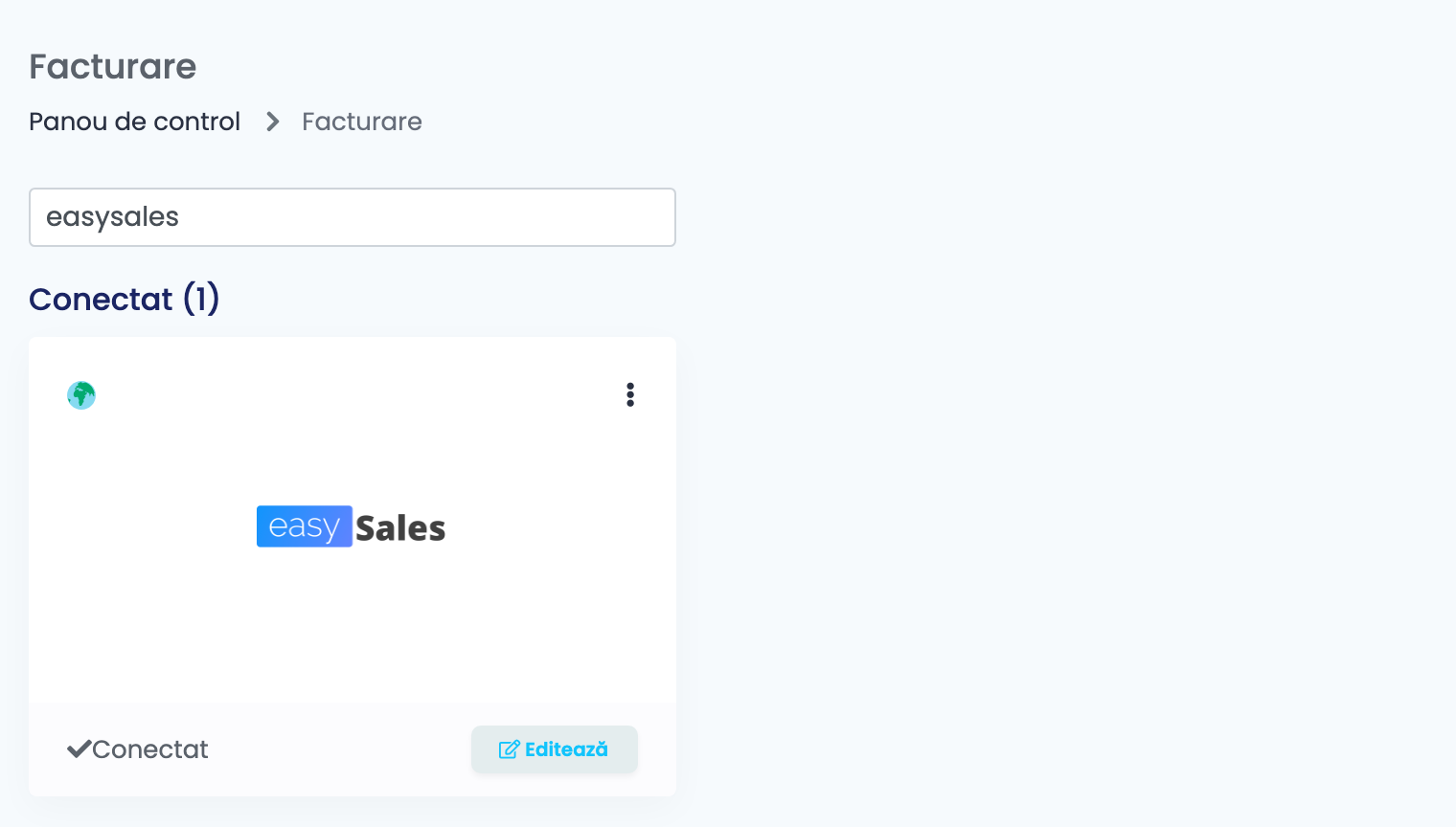 Pagina Facturare din easySales, filtrată după easysales, cu cardul easySales conectat.