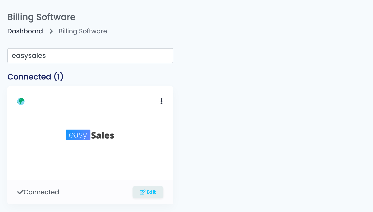 Die Seite Billing Software in easySales, gefiltert nach easysales, mit der verbundenen easySales-Karte.
