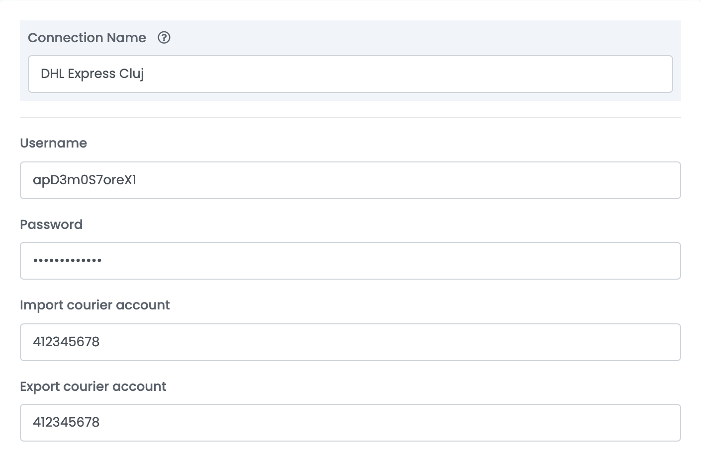 Eine DHL-Verbindung: Connection Name DHL Express Cluj, Username, Password sowie Import courier account und Export courier account, beide 412345678.