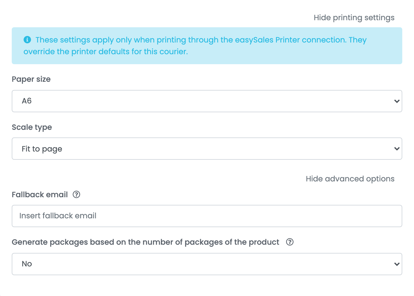 Druckeinstellungen mit Paper size A6 und Scale type Fit to page sowie die erweiterten Optionen Fallback email und Generate packages based on the number of packages of the product.