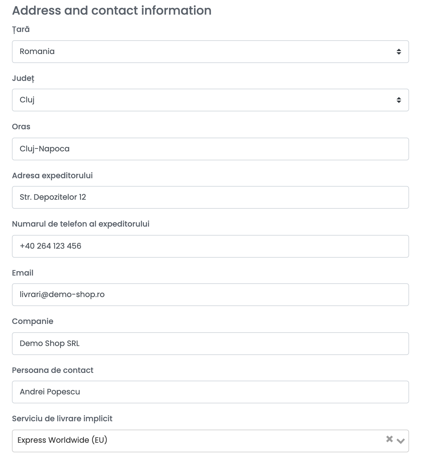 Datele expeditorului: Țară Romania, Județ Cluj, Oras Cluj-Napoca, Adresa expeditorului, Numarul de telefon al expeditorului, Email, Companie, Persoana de contact și Serviciu de livrare implicit Express Worldwide (EU).