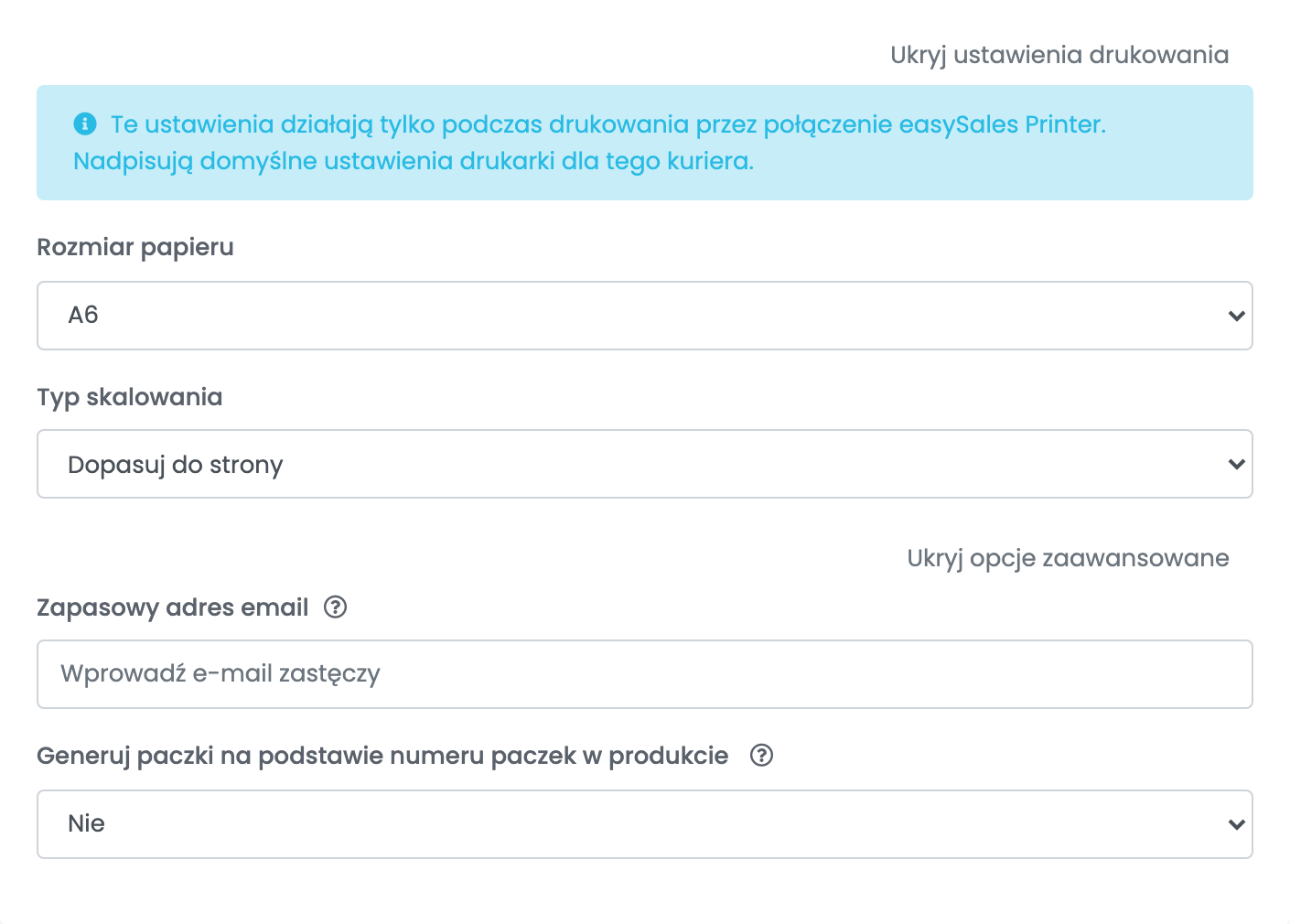 Ustawienia drukowania z Rozmiar papieru A6 i Typ skalowania Dopasuj do strony oraz opcje zaawansowane Zapasowy adres email i Generuj paczki na podstawie numeru paczek w produkcie.