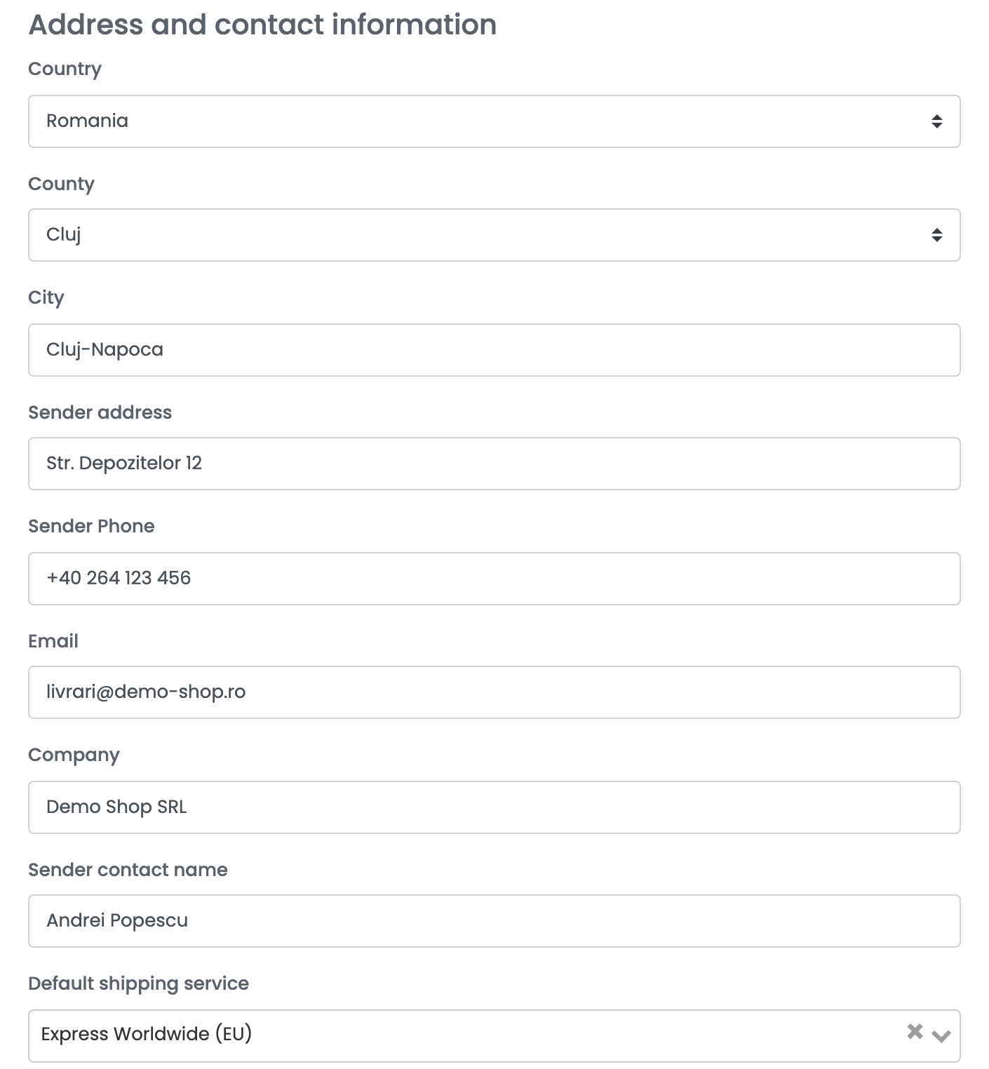 Die Absenderdaten: Country Romania, County Cluj, City Cluj-Napoca, Sender address, Sender Phone, Email, Company, Sender contact name und Default shipping service Express Worldwide (EU).