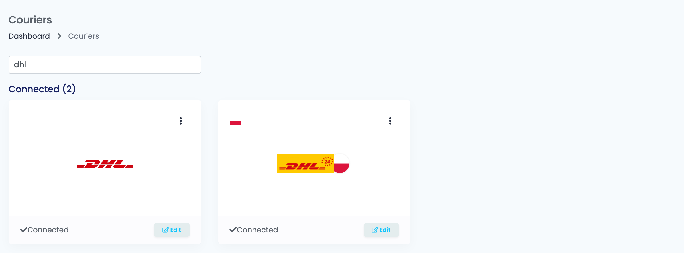 Die Seite Couriers in easySales, gefiltert nach dhl, mit verbundener DHL-Karte und DHL24-Karte.