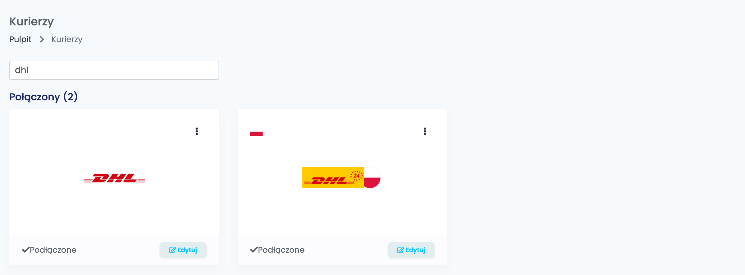 Strona Kurierzy w easySales, przefiltrowana po dhl, z podłączonymi kartami DHL i DHL24.