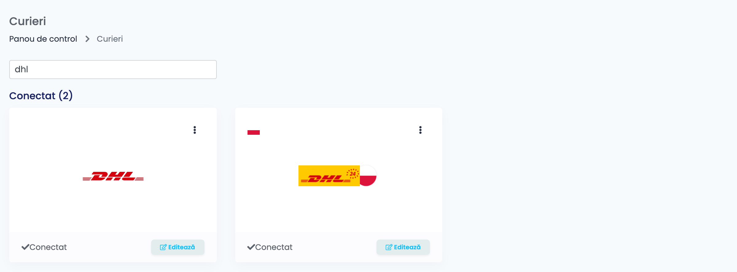 Pagina Curieri din easySales, filtrată după dhl, cu cardul DHL și cardul DHL24 conectate.