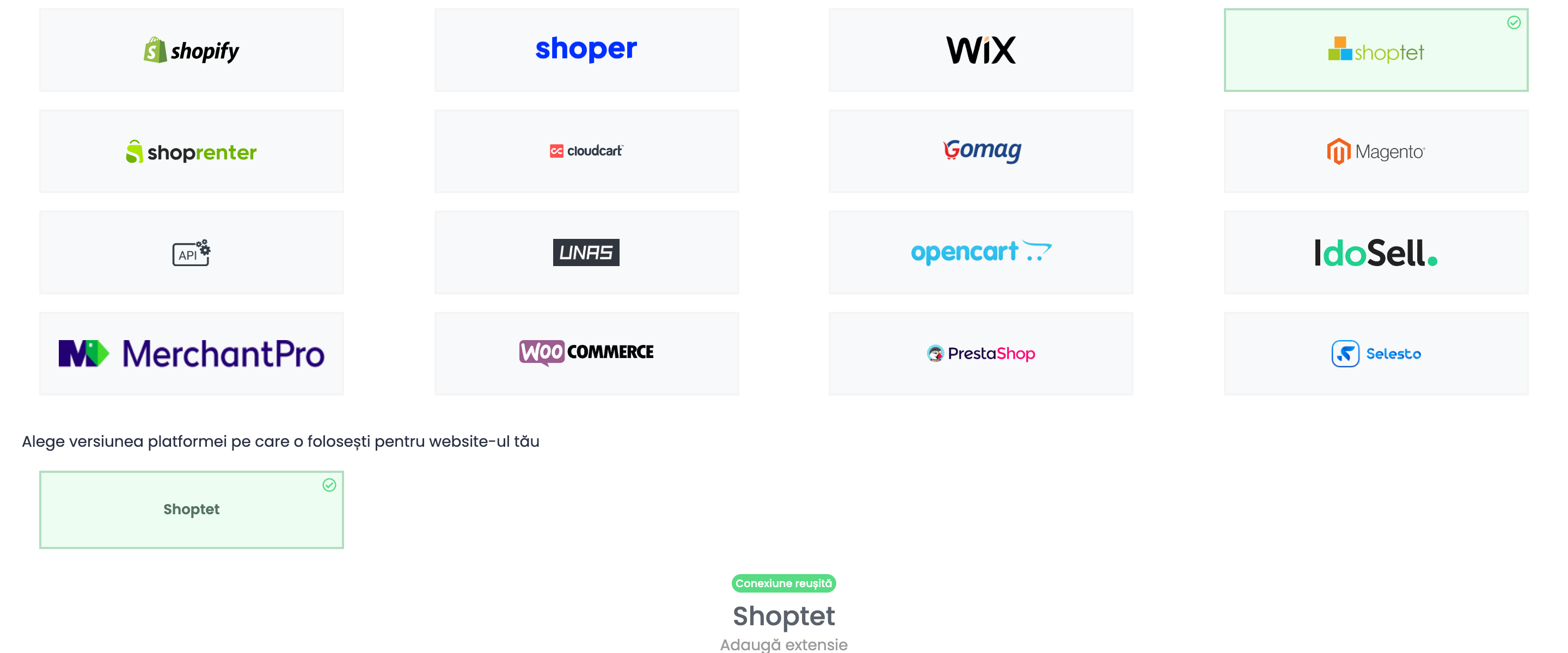 Tile-urile platformelor cu Shoptet selectat și versiunea Shoptet aleasă sub Alege versiunea platformei pe care o folosești pentru website-ul tău.