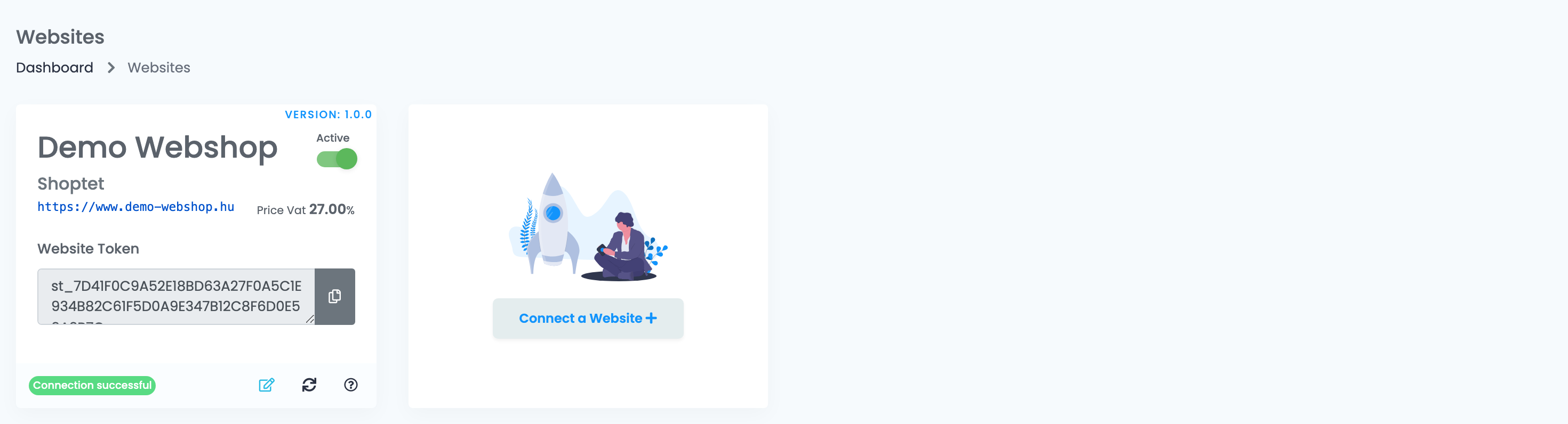 Die Seite Websites in easySales (englische Oberfläche) mit dem verbundenen Shoptet-Shop Demo Webshop und der Karte Connect a Website.