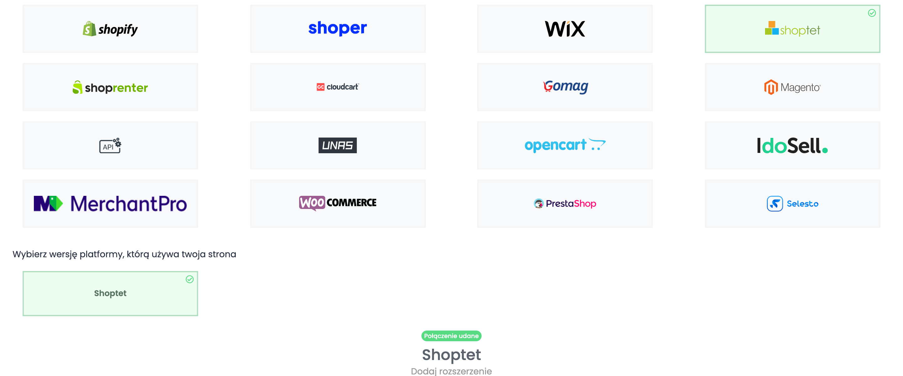 Kafelki platform z zaznaczonym Shoptet i wersją Shoptet wybraną pod Wybierz wersję platformy, którą używa twoja strona.