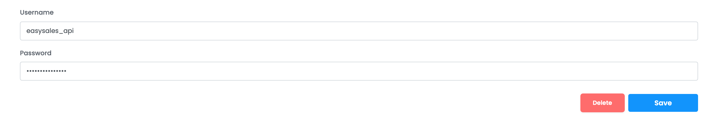 The Details tab with the WebAPI administrator's Username easysales_api and the masked Password, and the Delete and Save buttons.